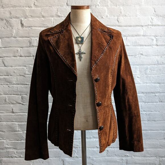 Y2K Brown Suede Leather Jacket Boho Western Minimalist Rust Biker Cowgirl Blazer - Picture 4 of 10